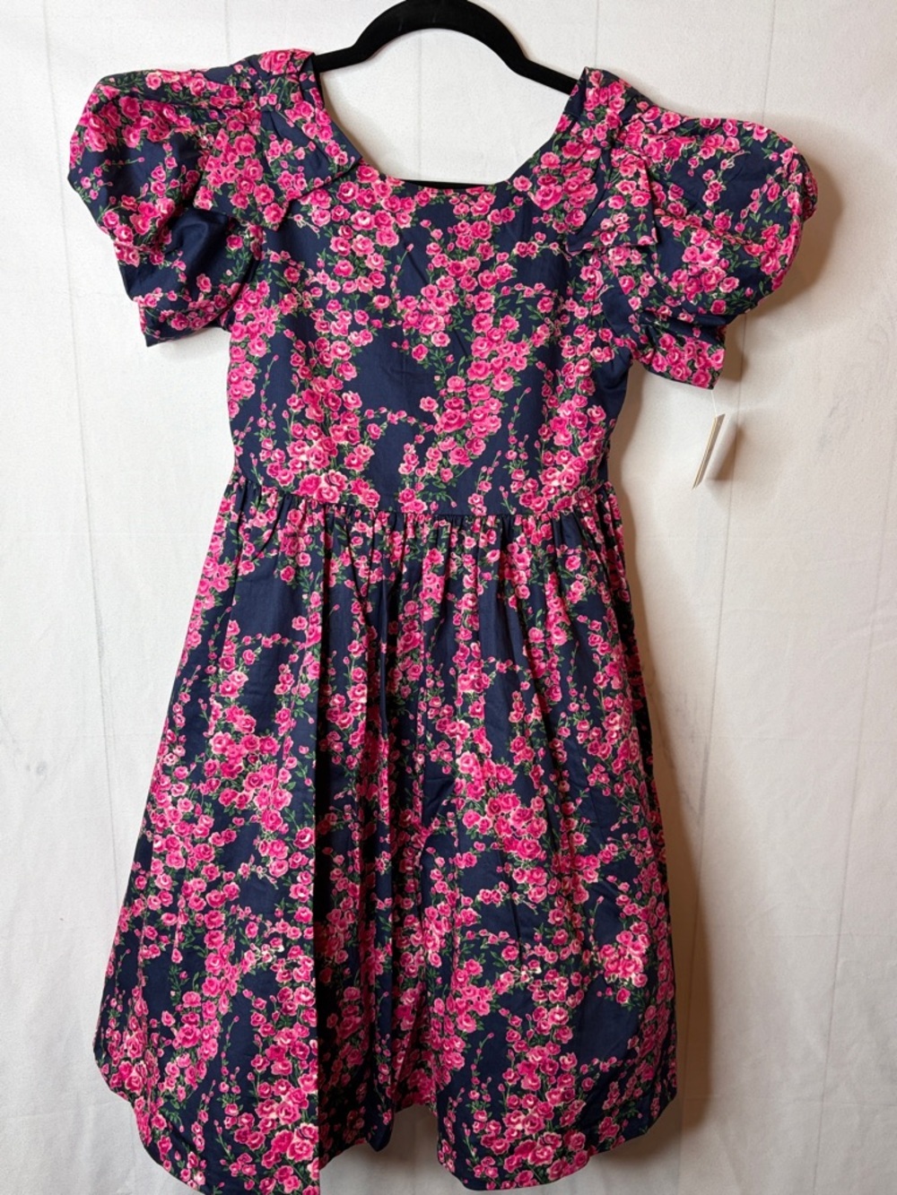 American Girl Navy Dress with Hot Pink Floral Print & Puff Sleeves Girls 10 NWT